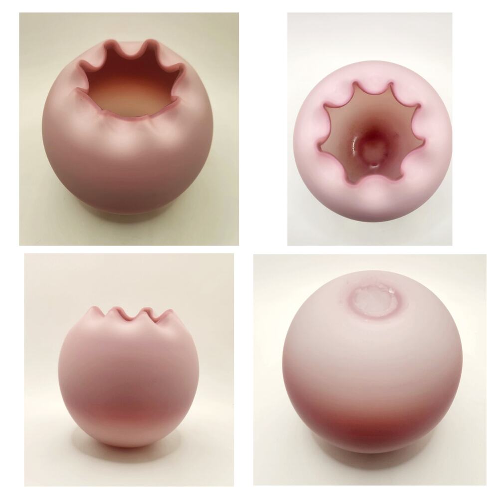 Vintage Pink Satin Art Glass Rose Bowl Vase Ruffled Crimped Rim Hand Blown